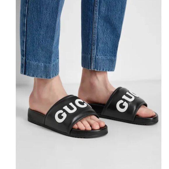 GUCCI SHOES MENS BLACK LEATHER JUMBO LOGO SLIDES FLATS SANDAL sz 8 / 8.5 US - Picture 15 of 15